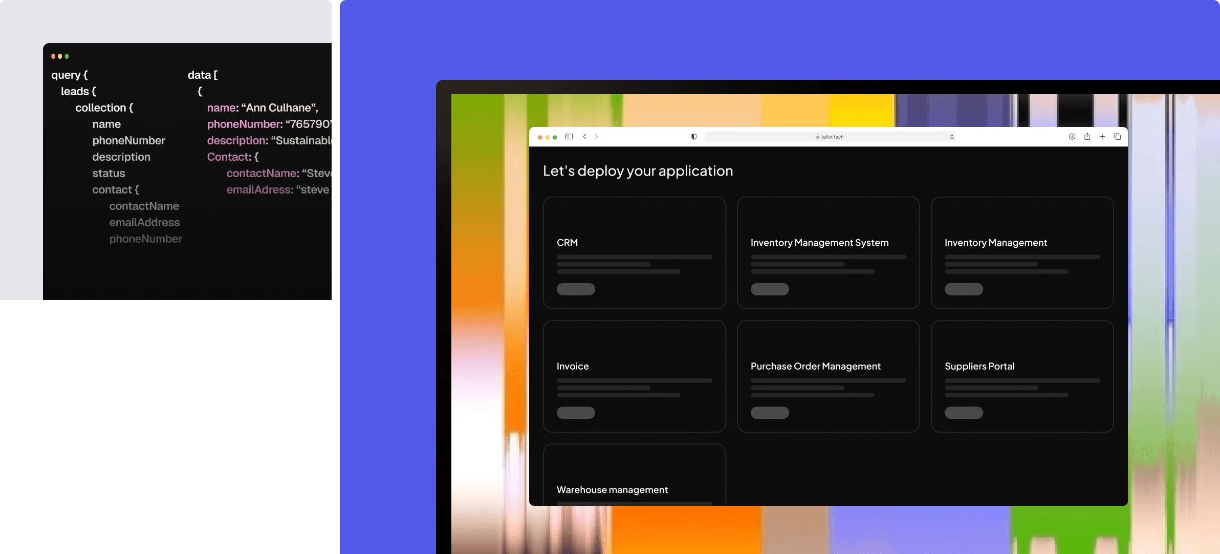 Tailor platform image showing a GraphQL query alongside application modules