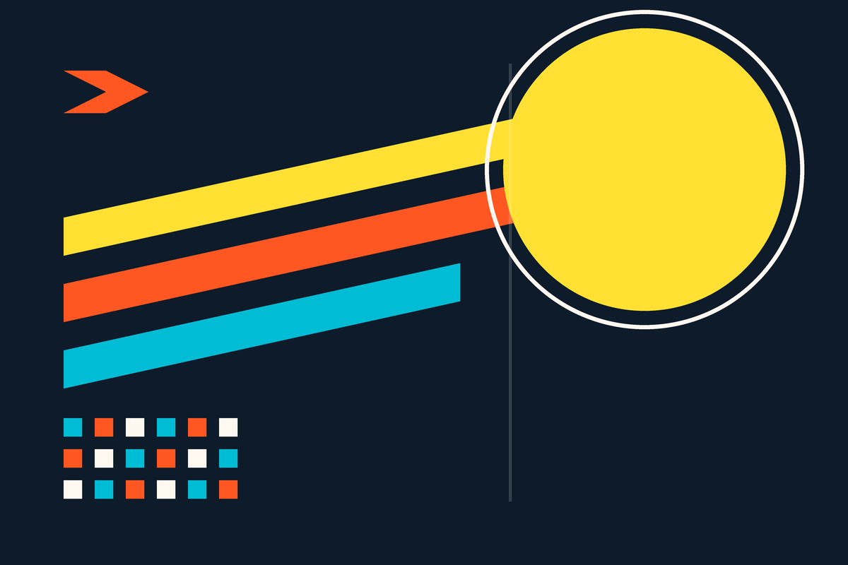 Swiss-style abstract graphic of accelerating bars converging on a rising sun above a grid of squares