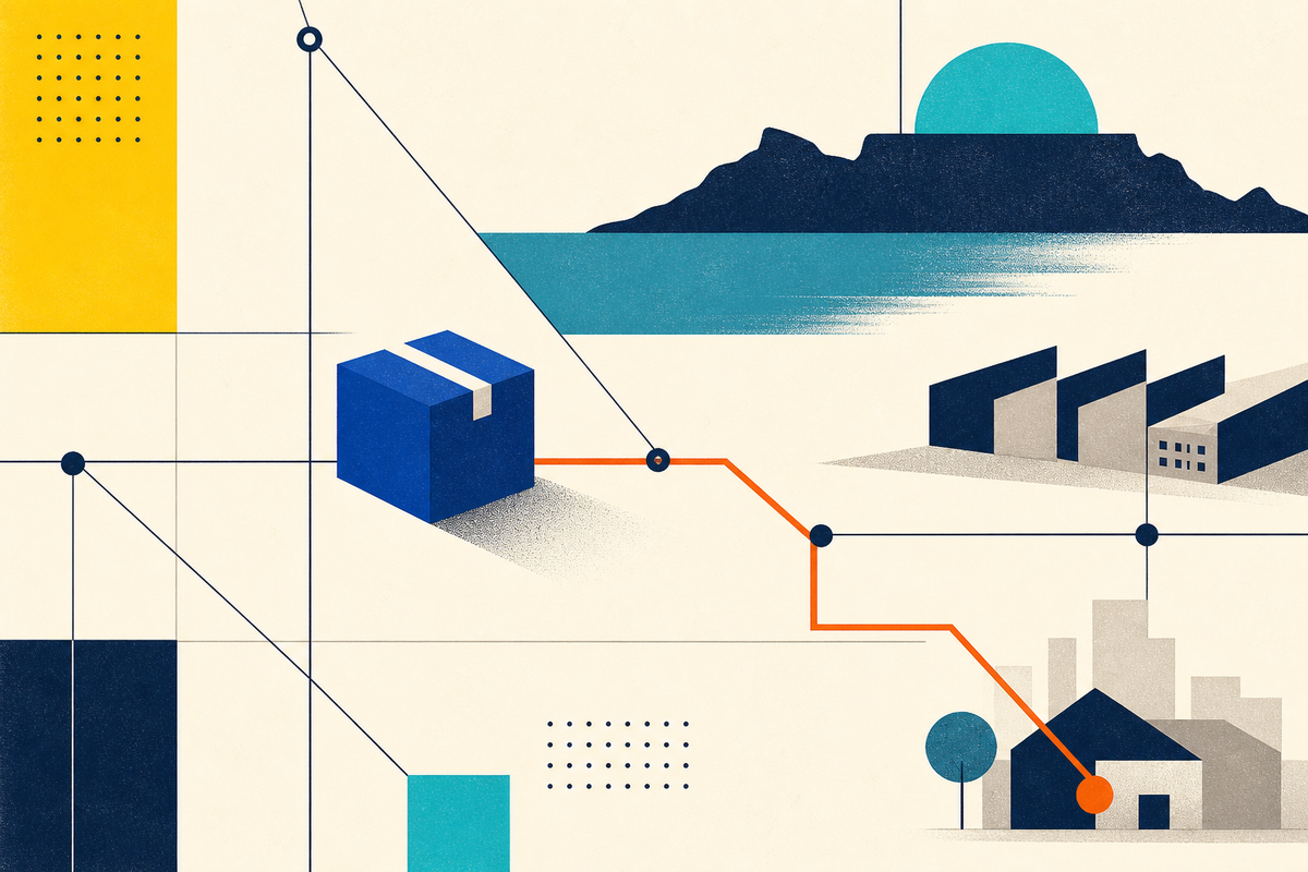 Abstract Swiss-style illustration of a parcel moving through a South African logistics network