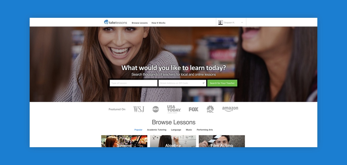 Archived TakeLessons homepage with fields for a subject and location, and music, tutoring and performing arts categories.