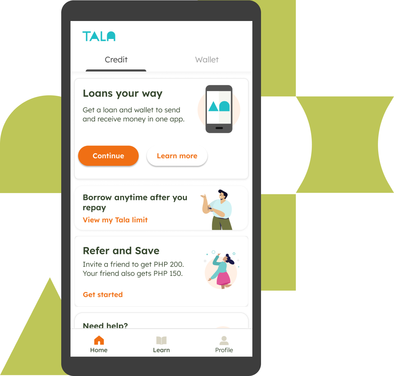 Illustration of the Tala app showing credit and wallet options