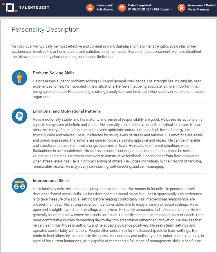 Historical TalentQuest sample assessment report describing problem-solving, motivation and interpersonal traits
