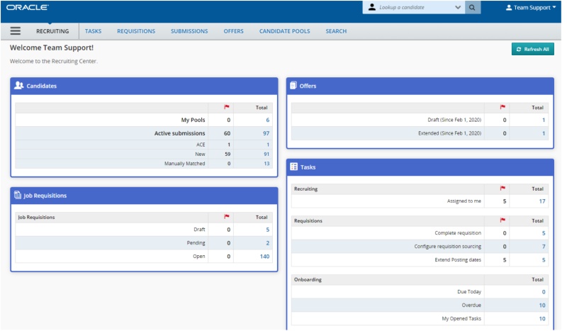 Oracle Taleo 20B recruiting dashboard showing candidate pools, offers and assigned tasks