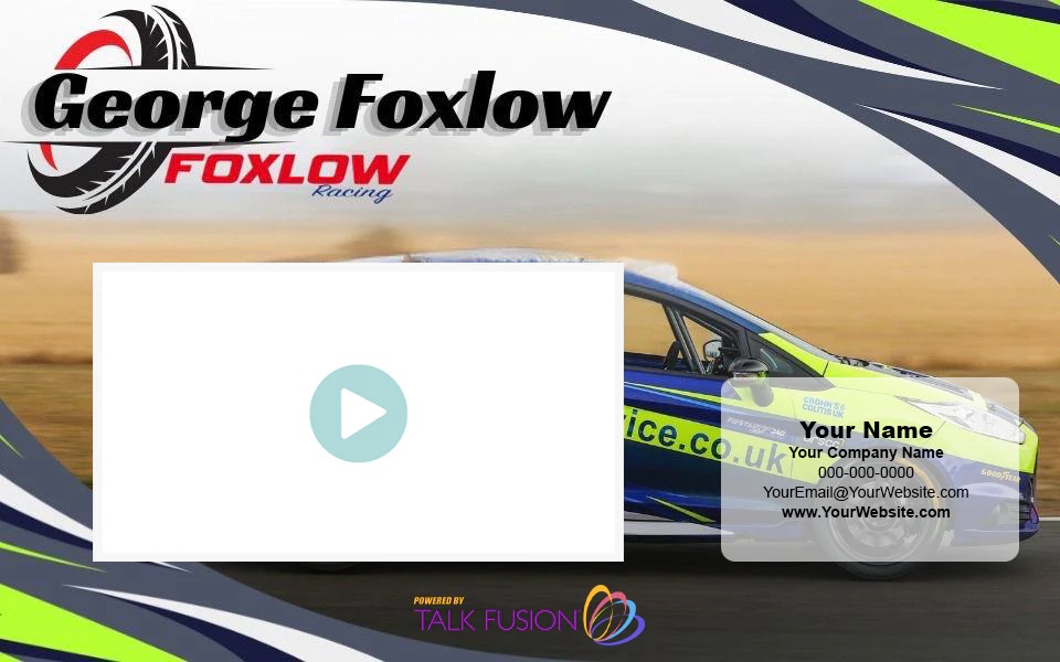 Talk Fusion sample racing-themed video email template with a video placeholder