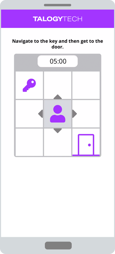 Talogy Mindgage Seek assessment screenshot showing a key, a person and a door on a grid