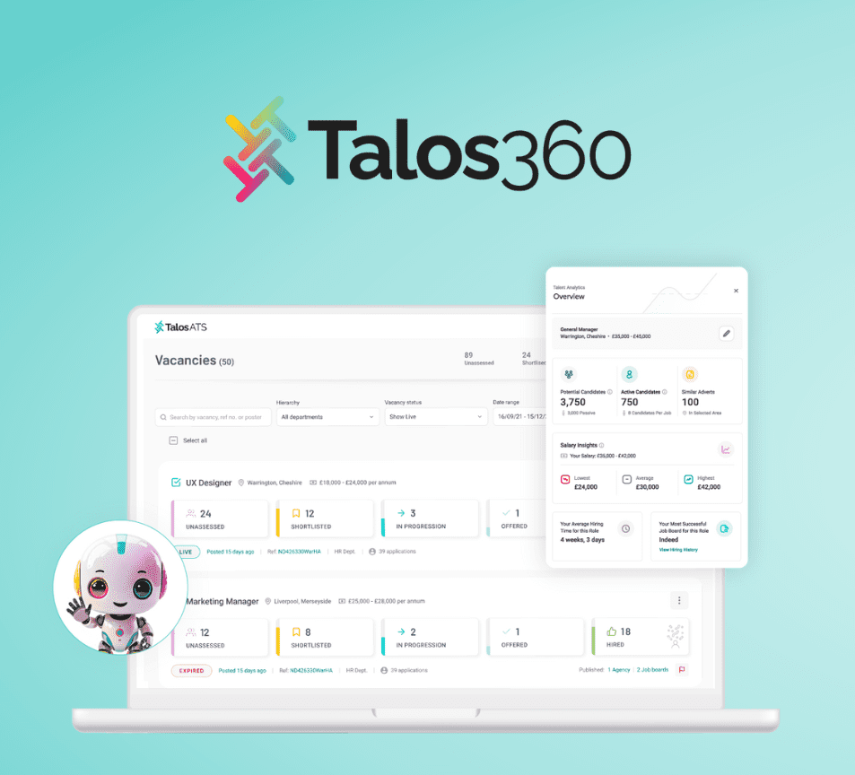 Talos ATS product illustration showing vacancy stages and a talent analytics panel