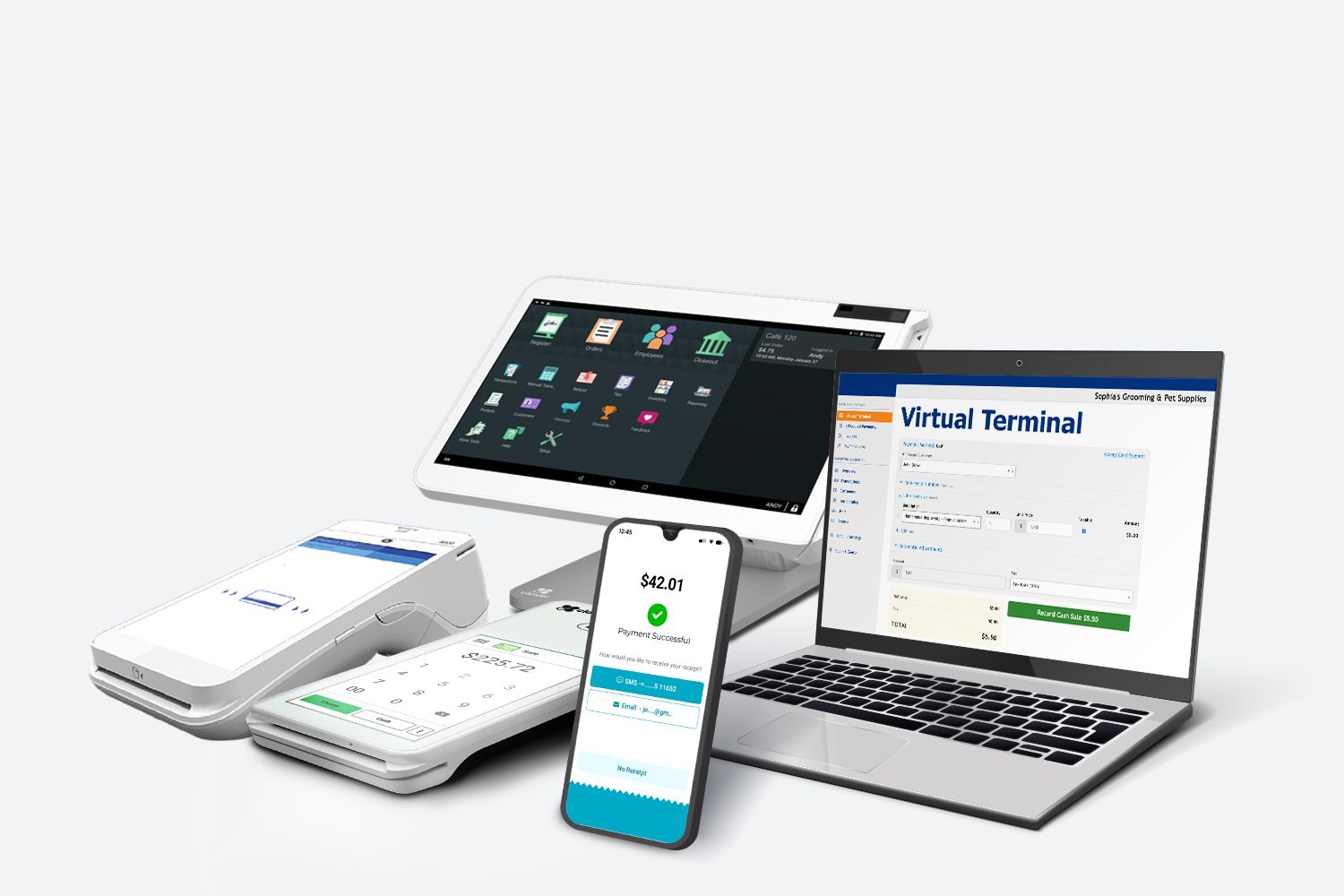 Talus product collage showing countertop terminals, a mobile payment screen and a laptop virtual terminal