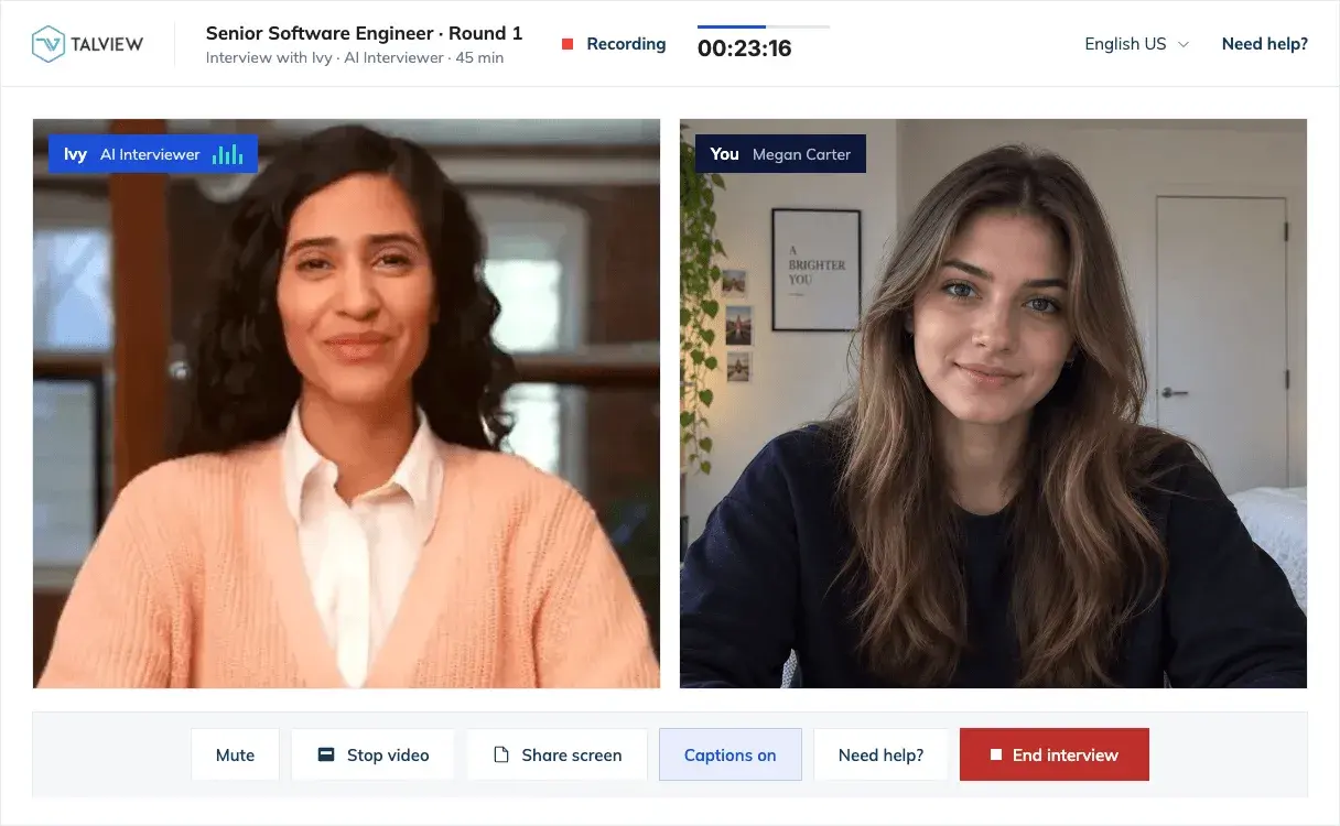 Talview Ivy AI interviewer product illustration showing an interviewer and candidate in a video call