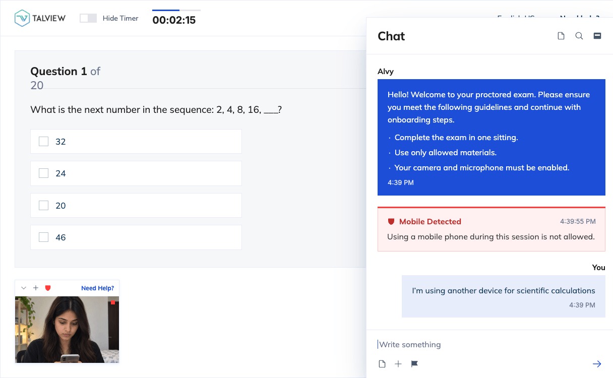 Talview Alvy exam interface showing a question, a candidate view and a mobile-device alert