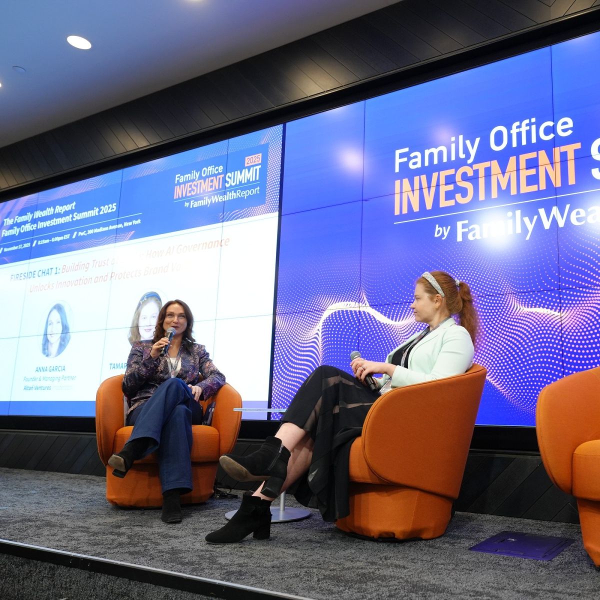 Anna Garcia and Tamara Zubatiy Nelson seated onstage at the 2025 Family Office Investment Summit