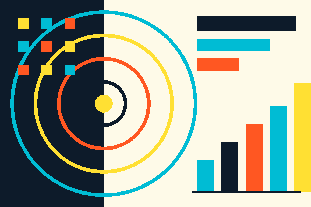 Abstract Swiss-style graphic of concentric rings and ascending bars in navy, teal, yellow and orange