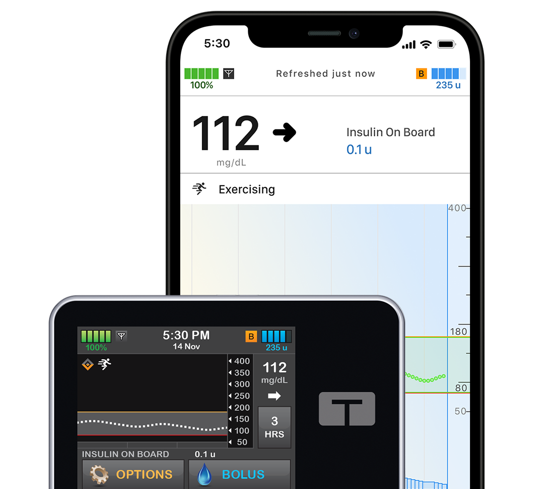 t:slim X2 touchscreen pump beside its mobile application