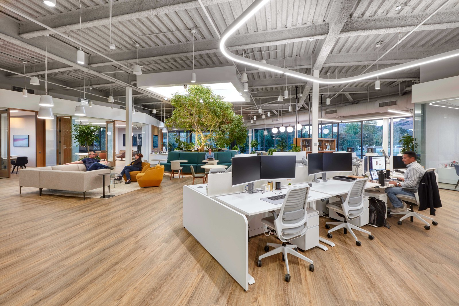 Ember headquarters with white workstations, lounge seating, indoor greenery and exposed ceilings