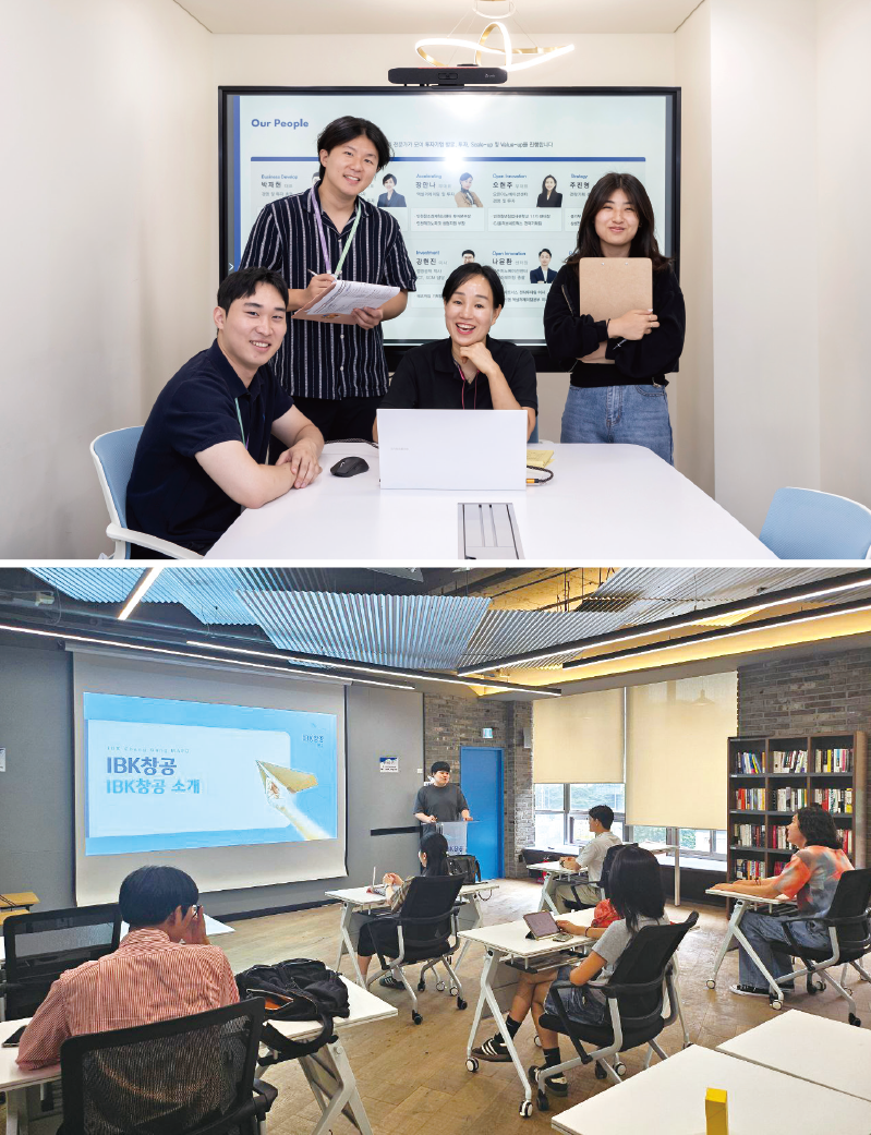 TAP colleagues gathered around a laptop, above a photograph of a business presentation