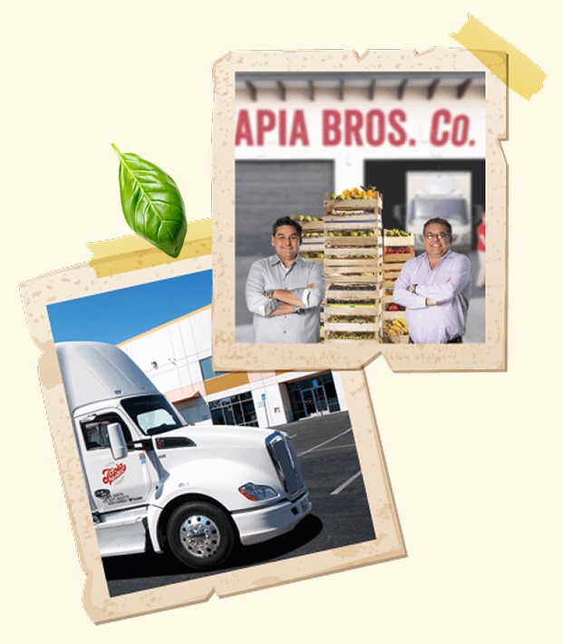 Tapia Brothers’ archival collage of family members beside stacked produce and a delivery truck