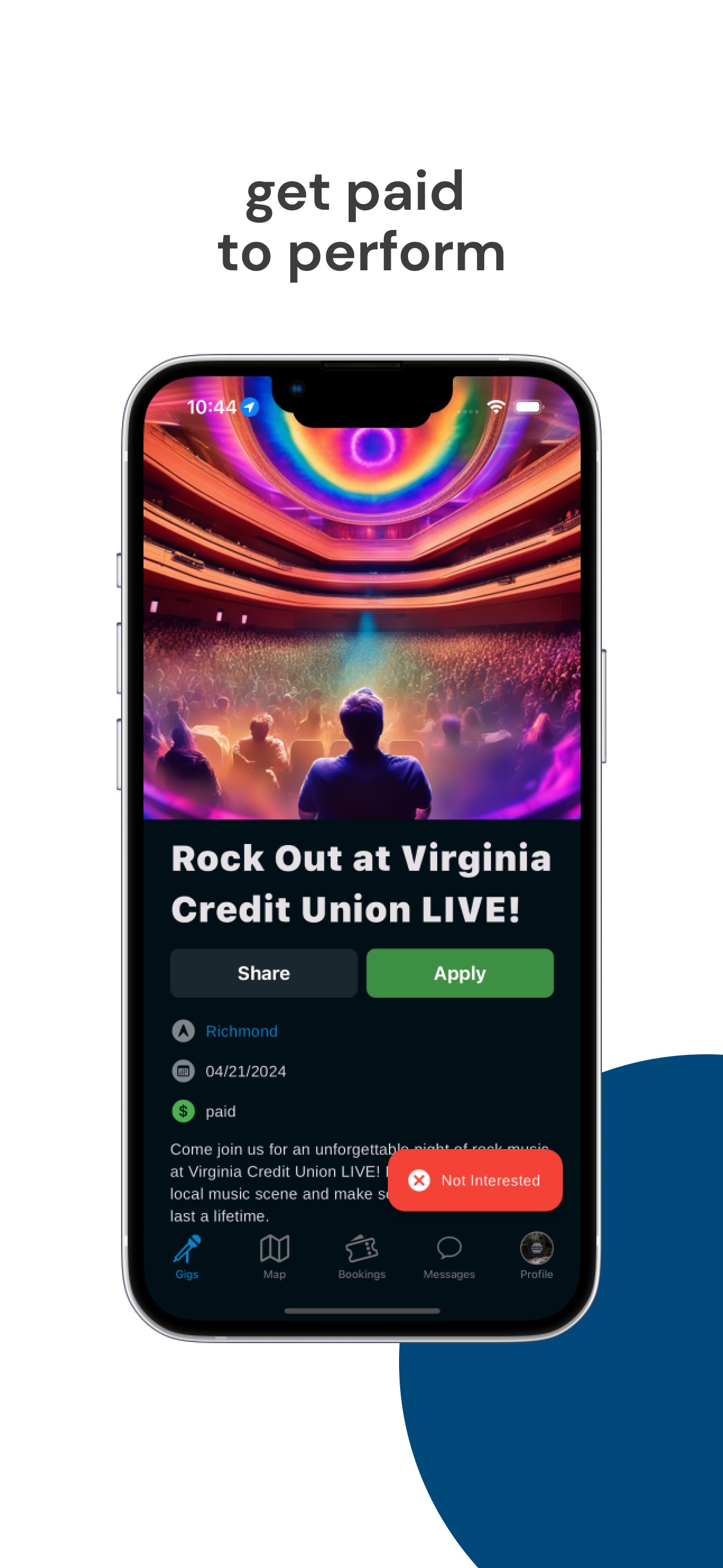 Tapped AI mobile app screen showing the live-music product