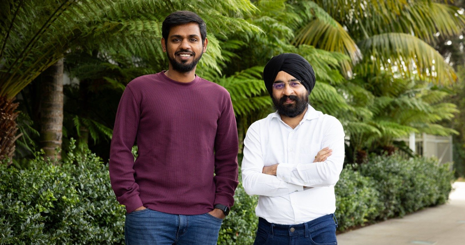 Mem0 co-founders Deshraj Yadav, left, and Taranjeet Singh, right, standing outdoors