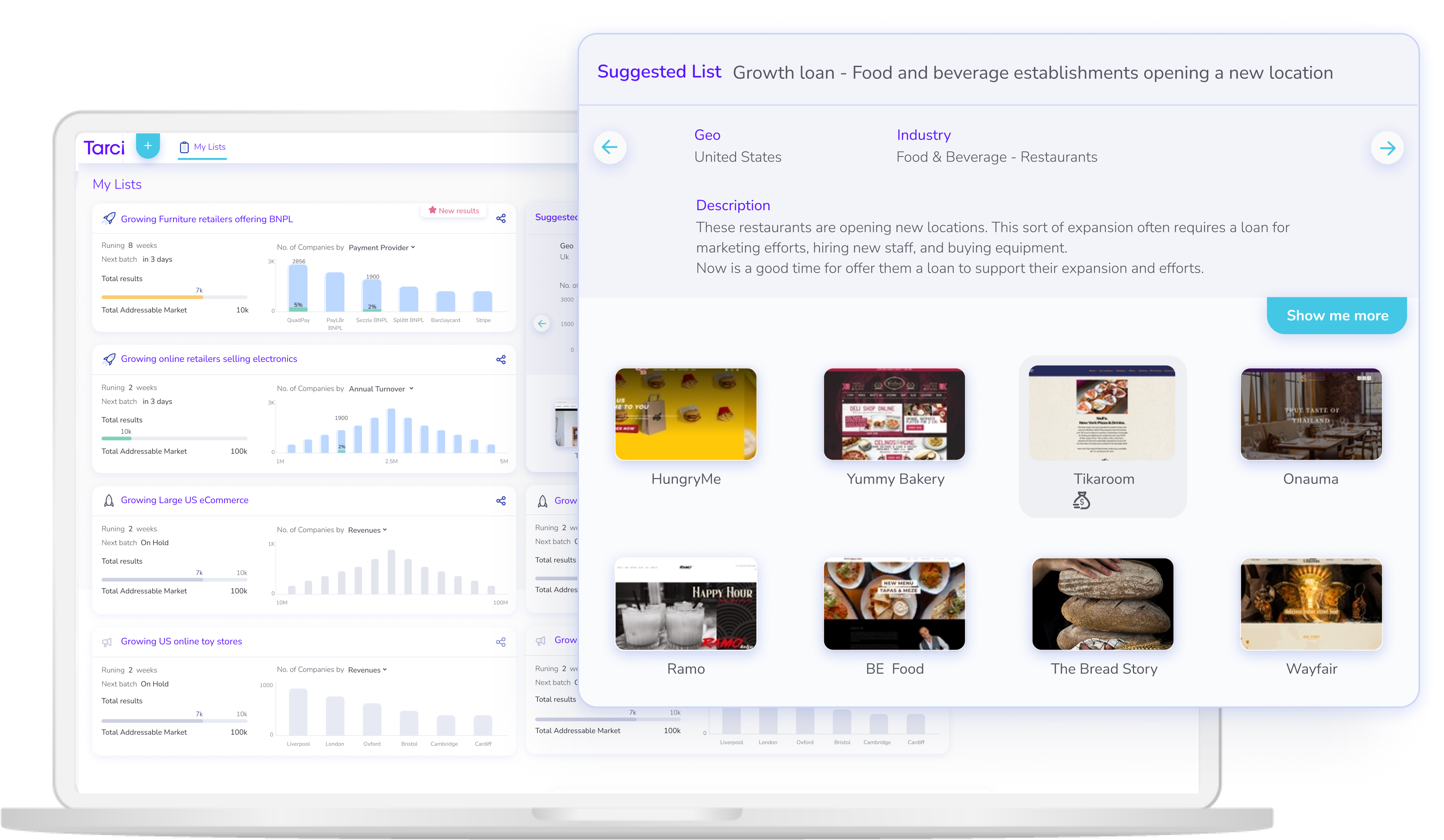 Tarci’s published product interface showing a suggested growth-loan list for food and beverage businesses opening a new location