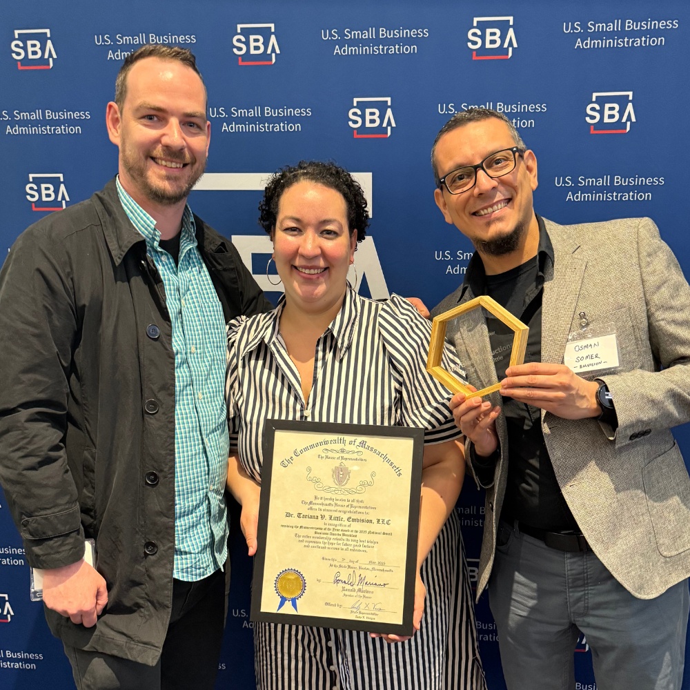 Jonas Meyer, Tariana Little, and Doğa Somer holding awards at the 2025 SBA ceremony in Boston
