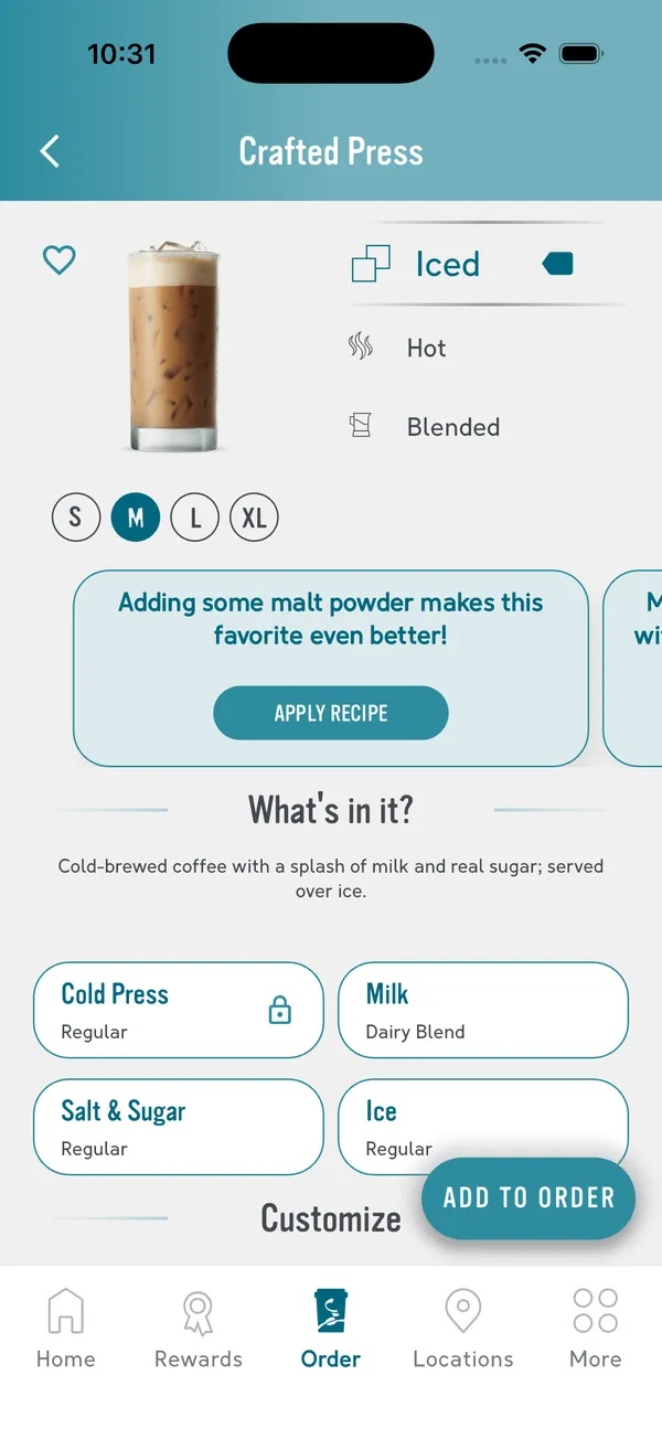 Caribou Coffee app showing drink sizes and customization choices