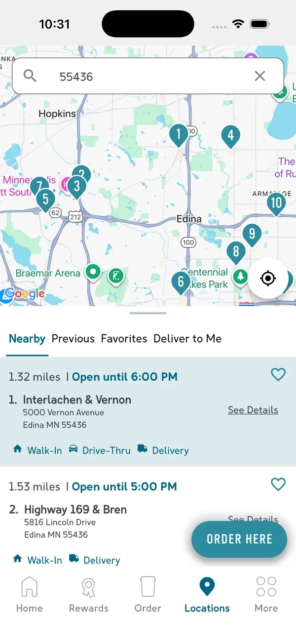 Caribou Coffee app showing a map and nearby store locations