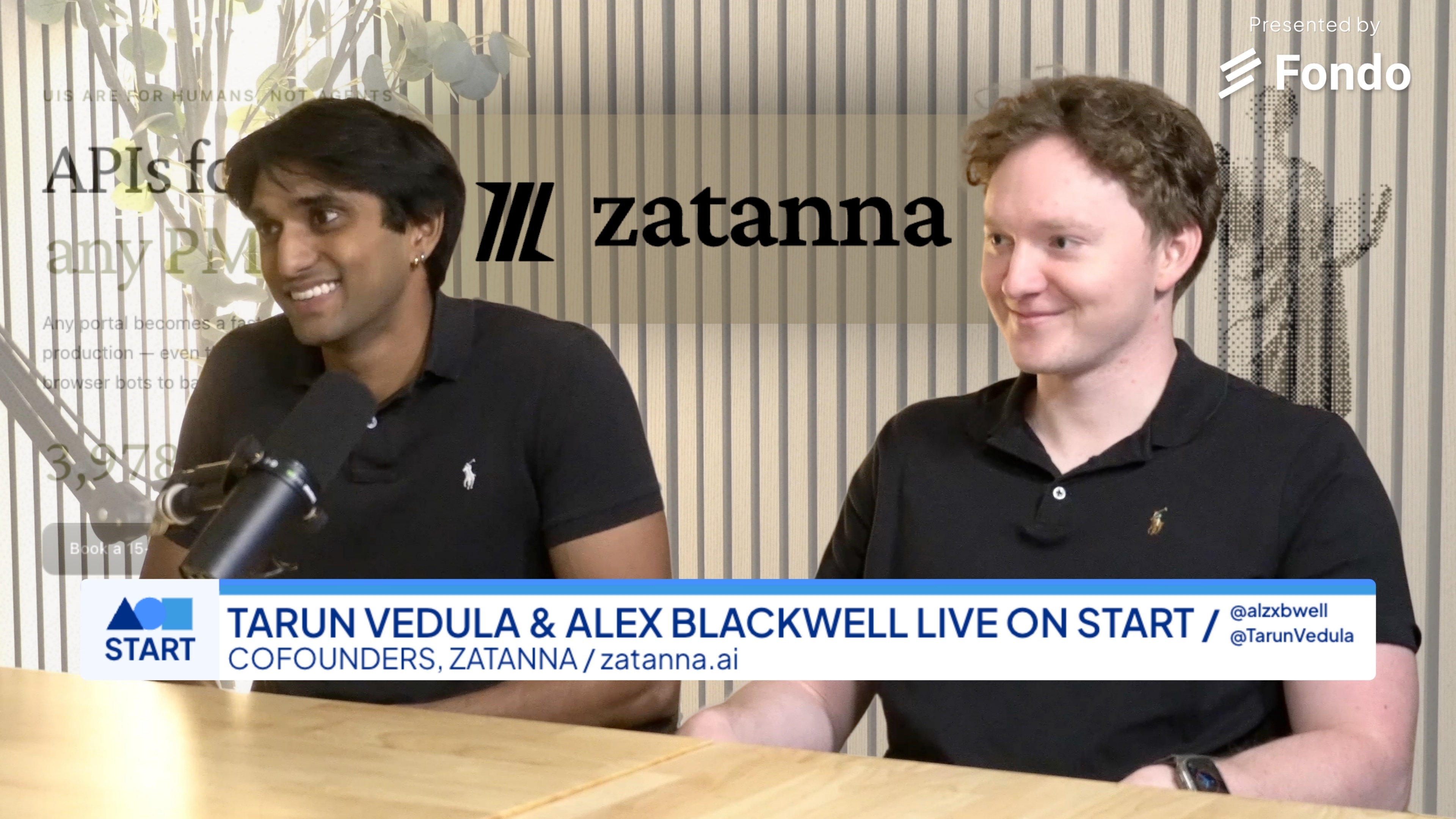 Tarun Vedula on the left and Alex Blackwell on the right, speaking into microphones on Fondo START