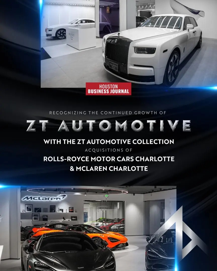 ZT Automotive press artwork showing Rolls-Royce and McLaren showroom interiors in Charlotte