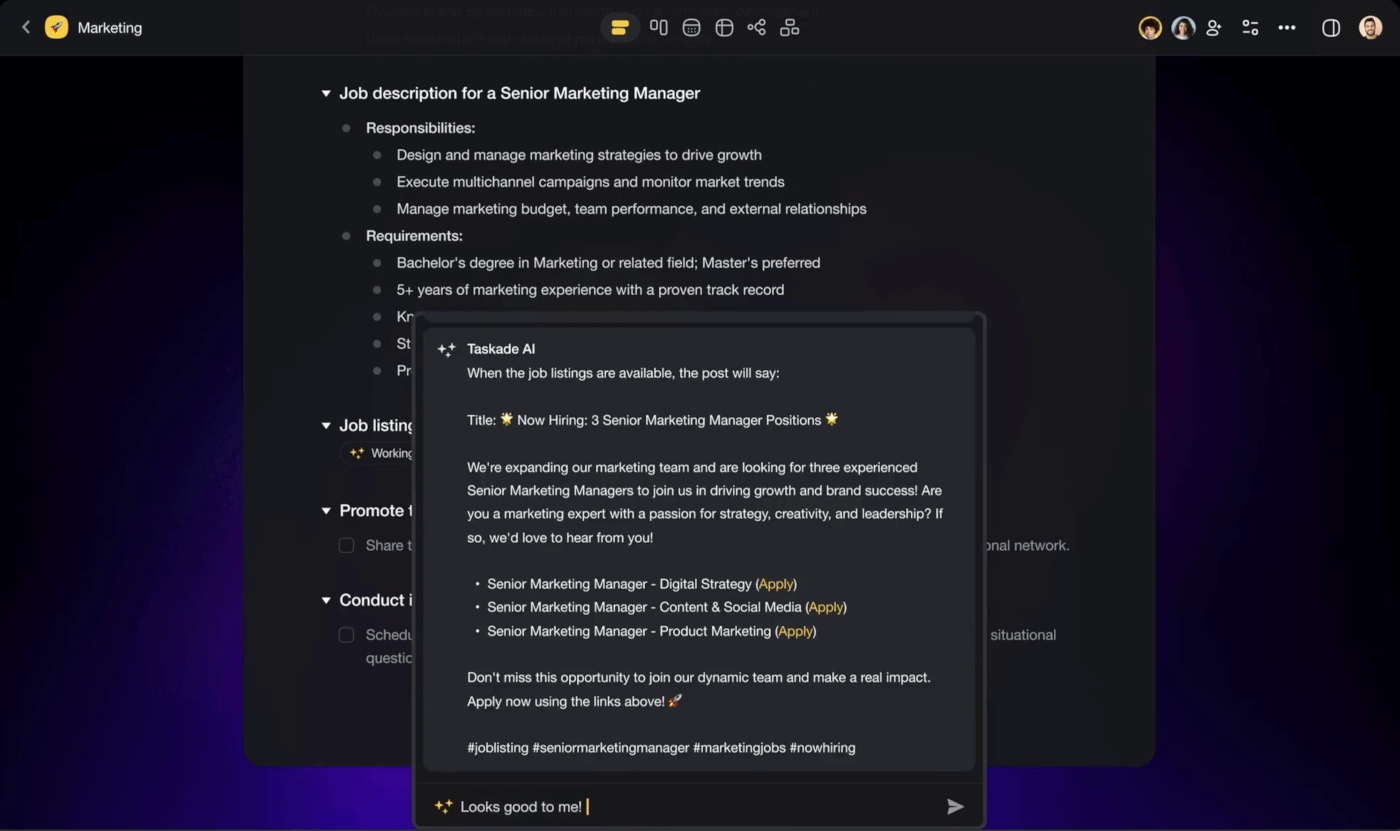 Taskade project interface with an AI assistant drafting a marketing job post