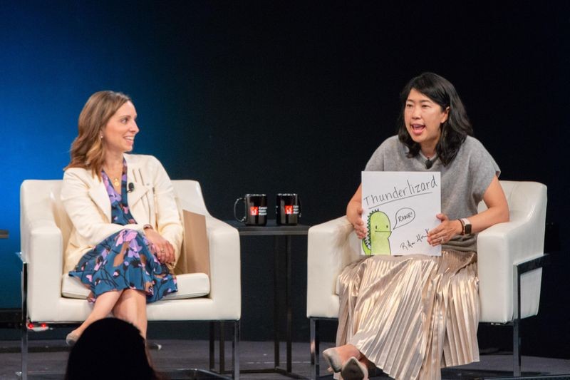 Ann Miura-Ko speaking beside Taskrabbit founder Leah Busque at the Computer History Museum