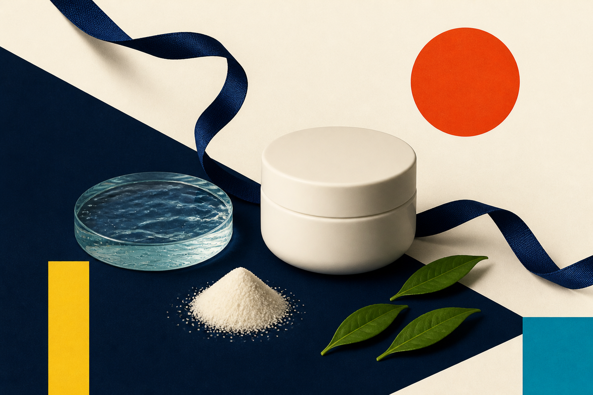 Abstract Swiss-style still life of a porcelain skincare jar, water, rice powder and tea leaves