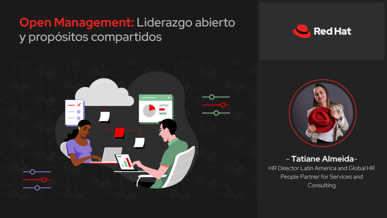 Cover artwork for Tatiane Almeida's Open Management article, showing two colleagues collaborating and Almeida holding a red hat