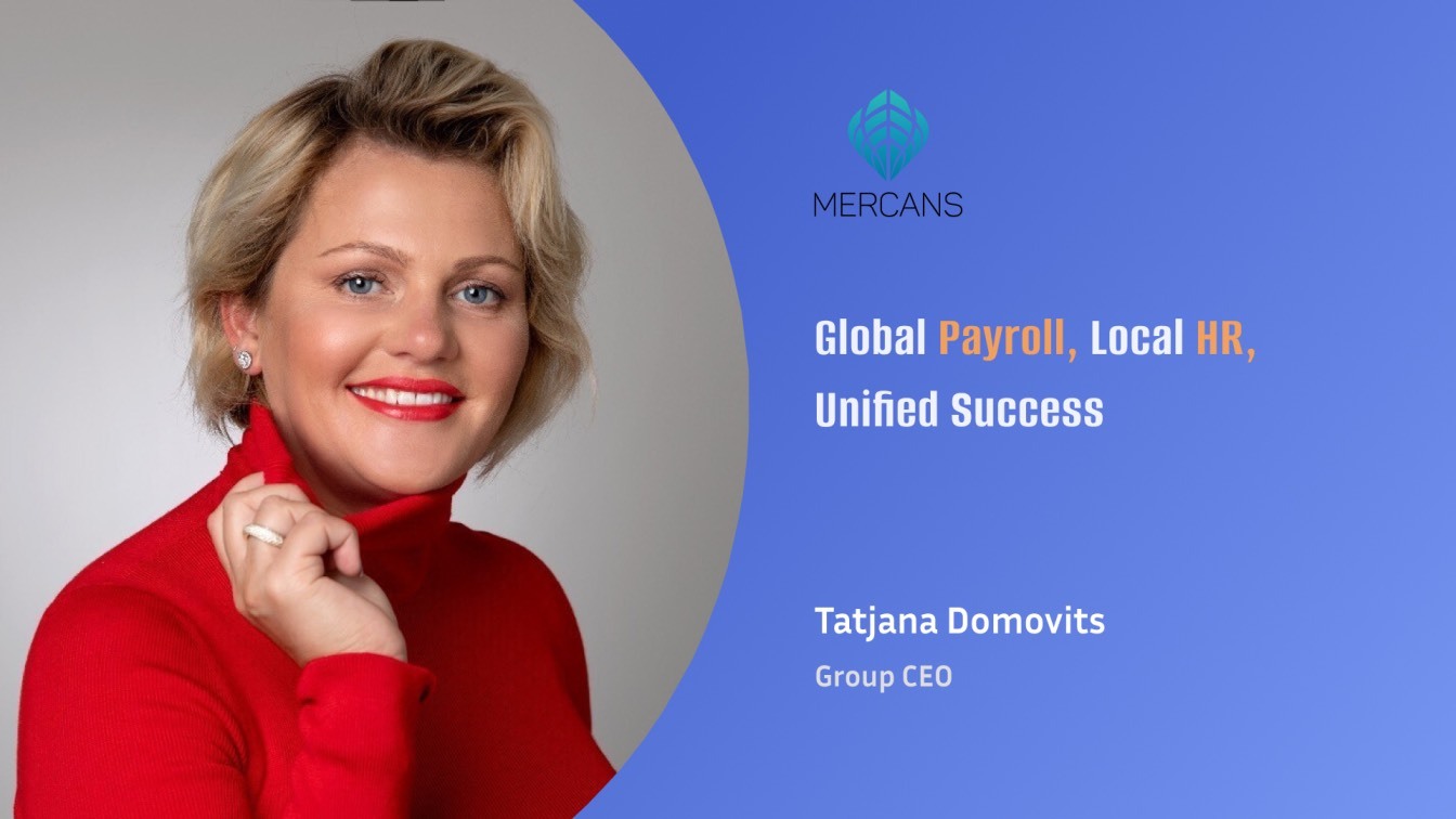 A press photograph of Tatjana Domovits in a red sweater alongside Mercans' global payroll message