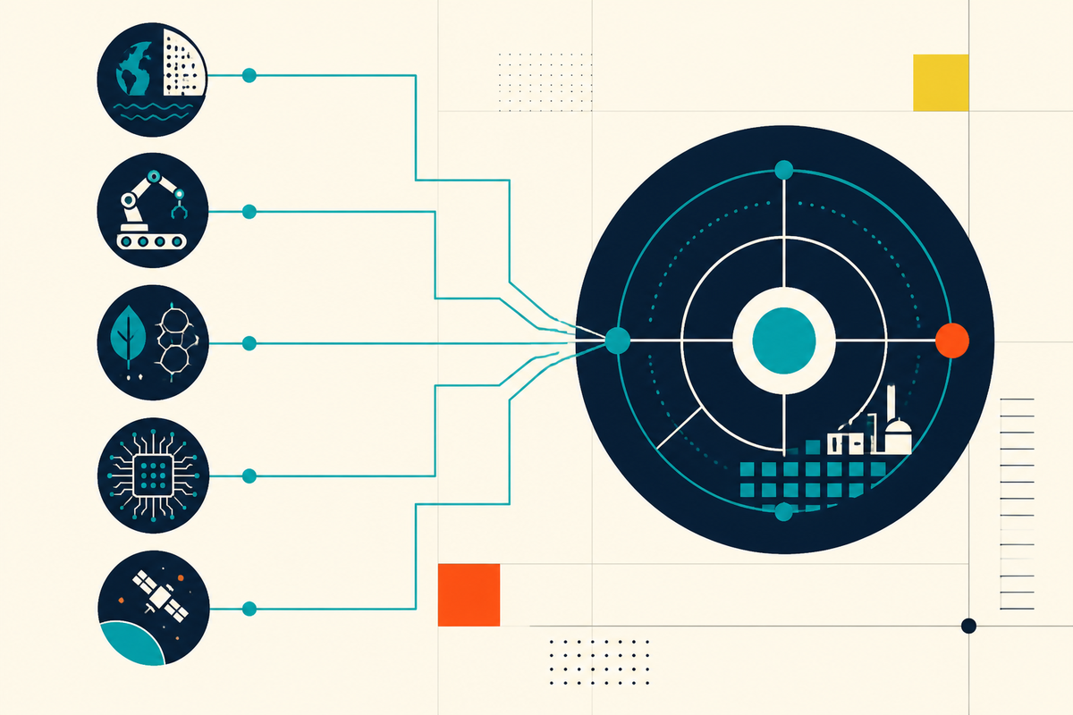 A Swiss-style geometric illustration showing five deep-technology systems converging into one route to industrial scale