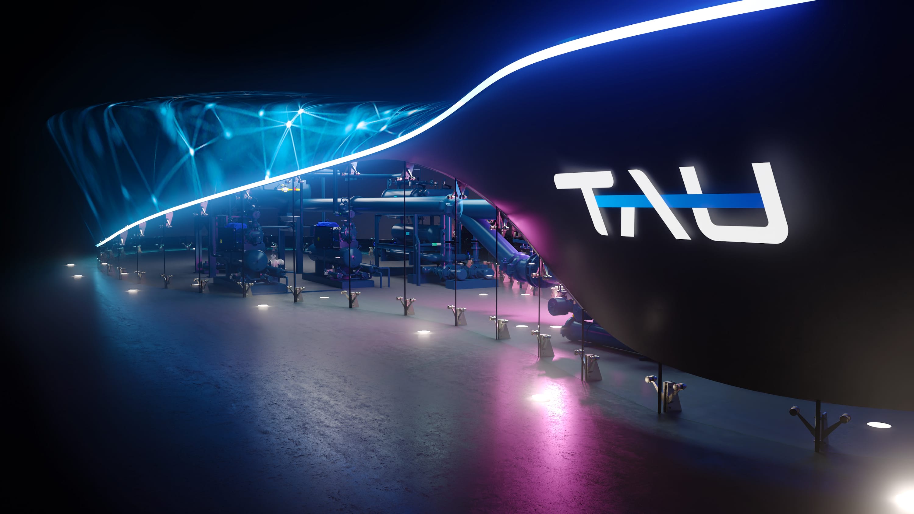Render of a TAU Systems compact laser-plasma accelerator facility floor