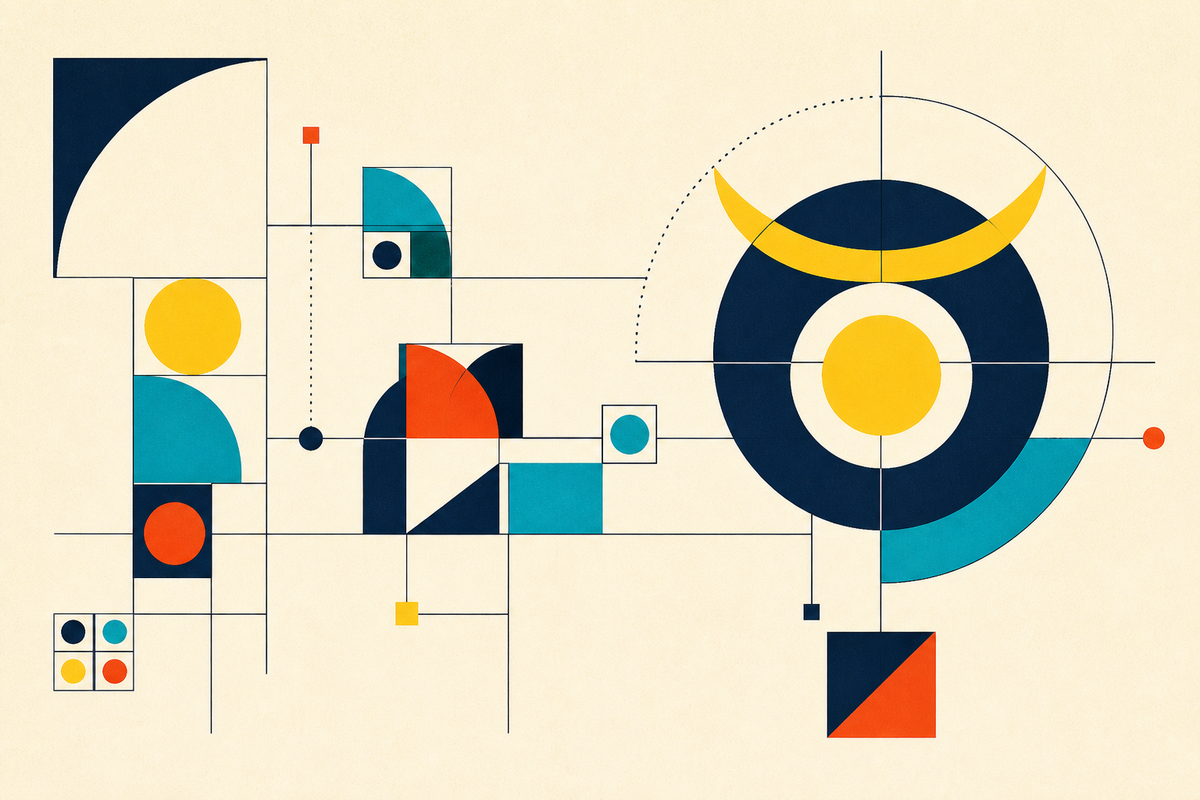 Abstract Swiss-style composition of nested circles, blocks and connecting lines
