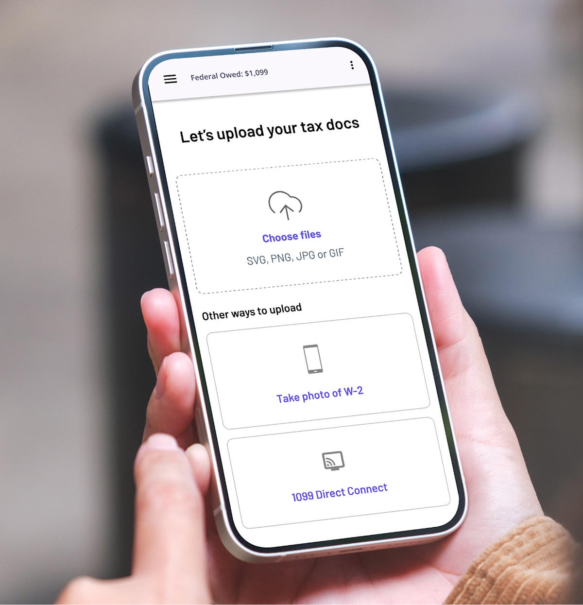 TaxAct mobile document-upload screen shown on a phone held in one hand