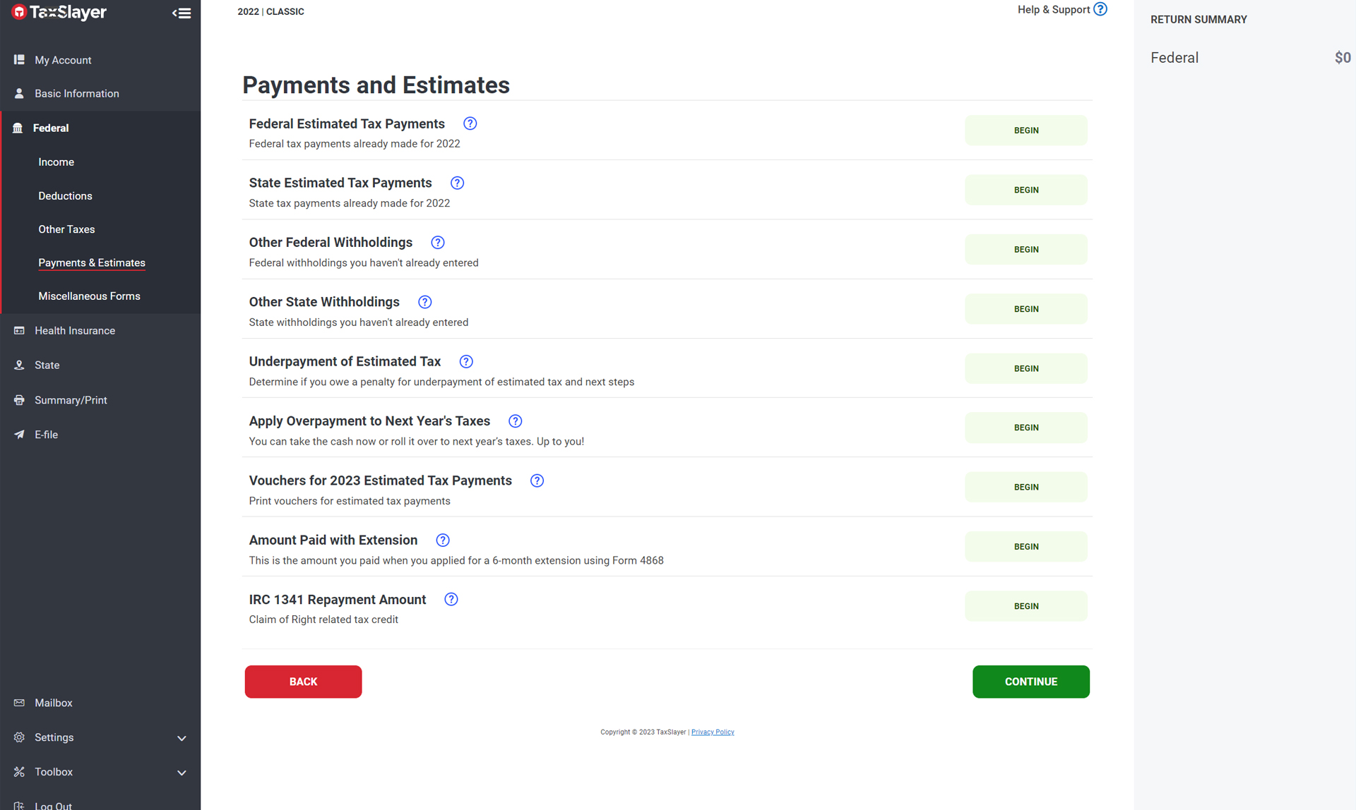 TaxSlayer software screen showing payments and estimated taxes