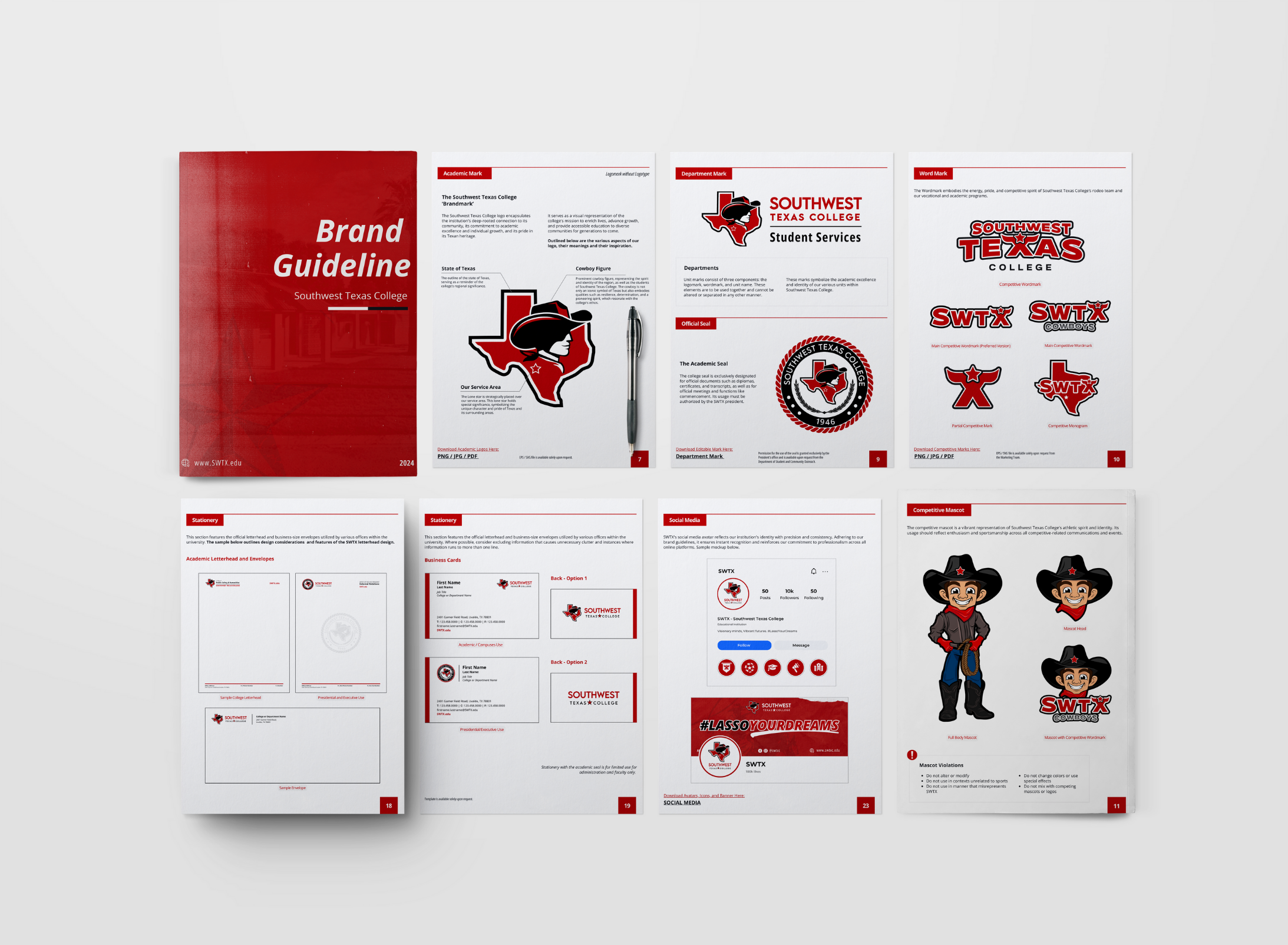 Southwest Texas College brand guide showing logos, stationery, social graphics and a cowboy mascot