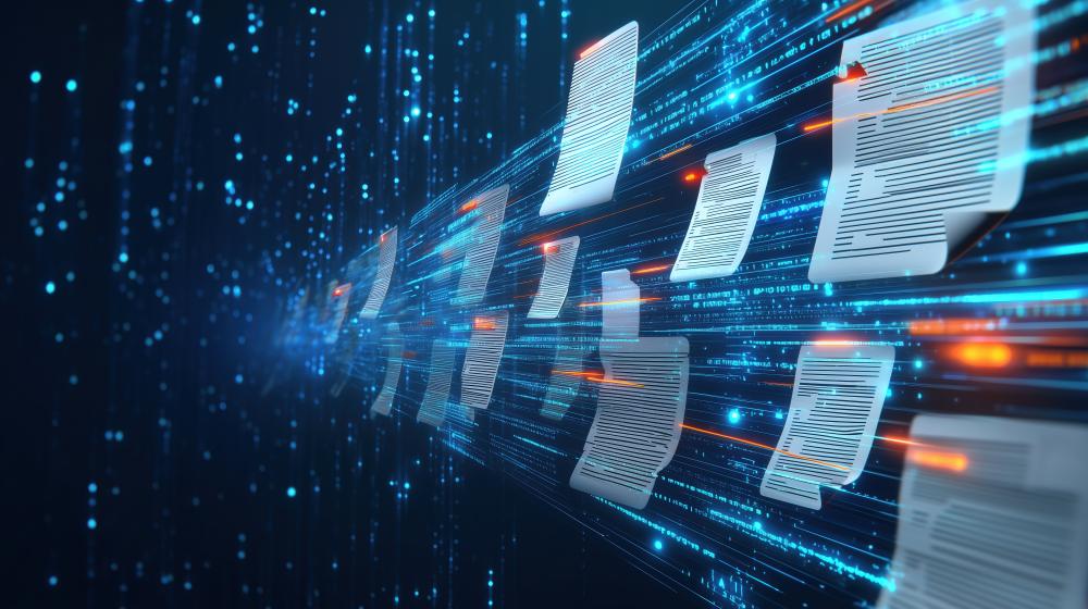 Documents traveling through a blue digital stream, illustrating trade-secret identification
