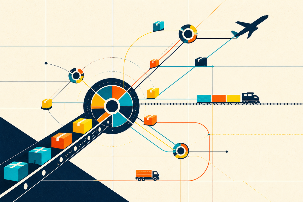Abstract Swiss-style illustration of parcels flowing through road, rail and air logistics hubs