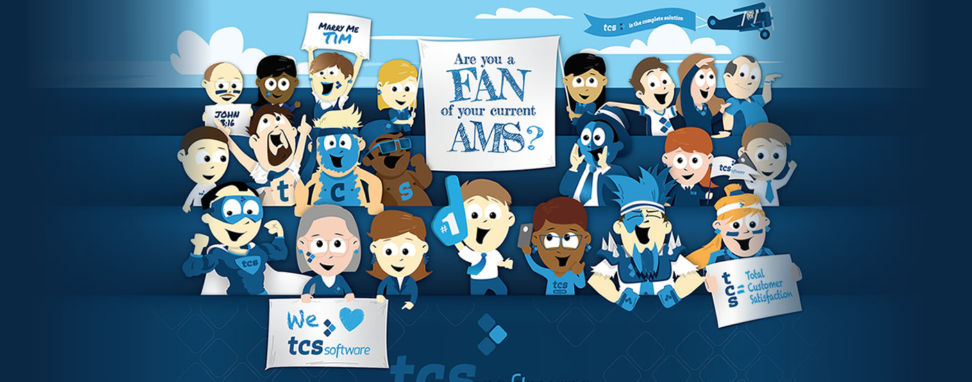 TCS Software Raving Fans campaign illustration showing a cartoon crowd cheering for its association software.