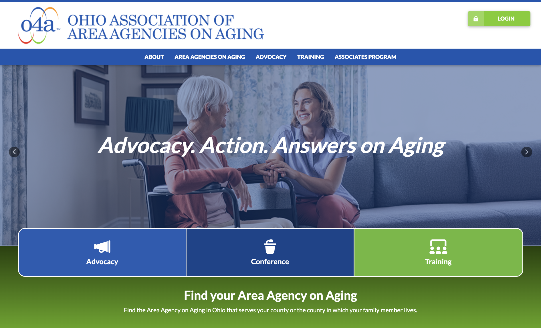 TCS portfolio screenshot of the Ohio Association of Area Agencies on Aging website, with advocacy, conference and training sections.