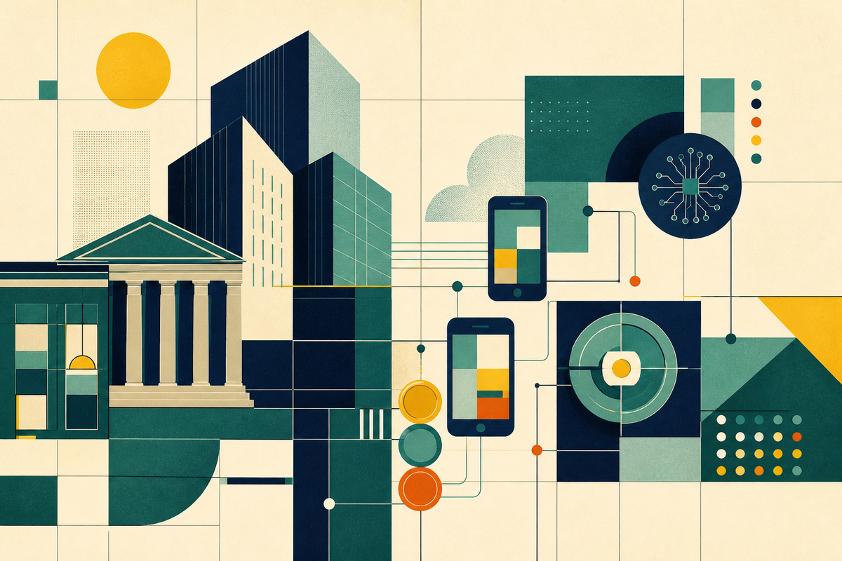 Abstract Swiss-style composition of bank architecture, mobile devices and secure transaction pathways