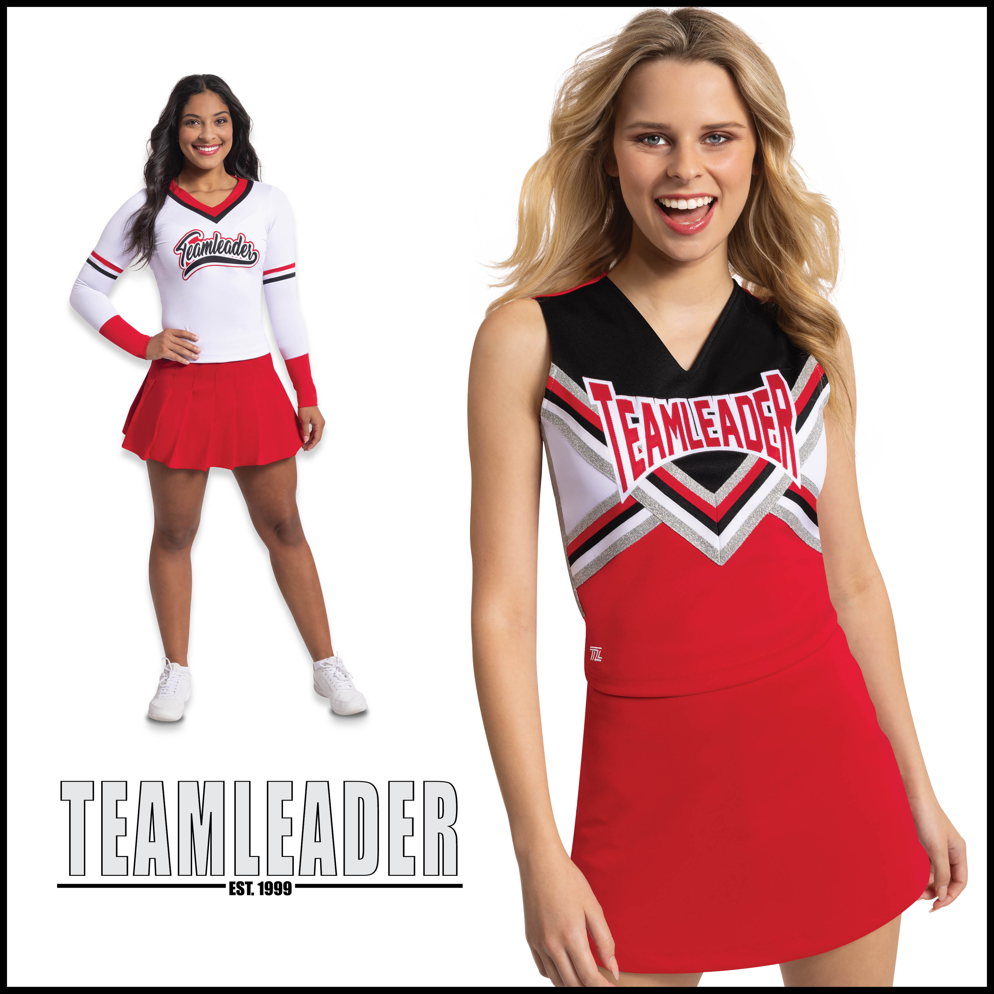 Two catalog models wearing red, black, and white TeamLeader cheer uniforms