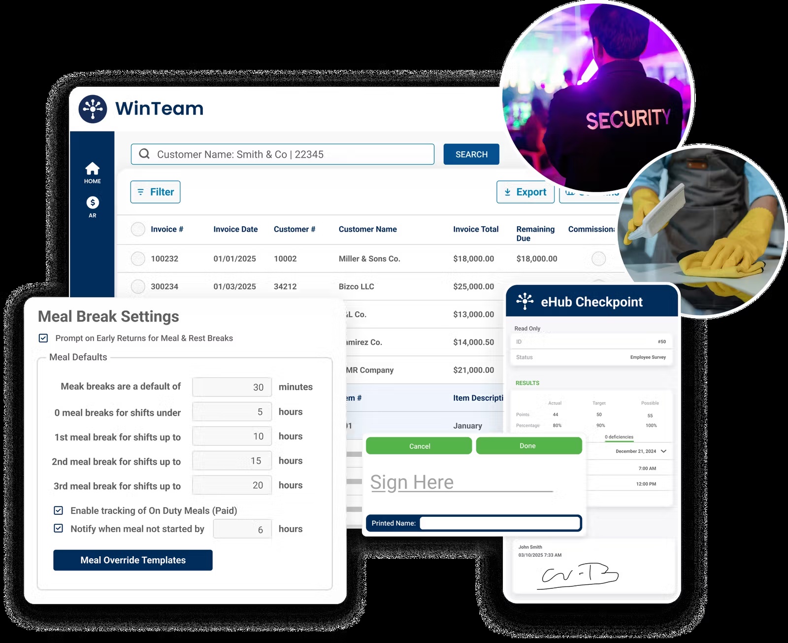 WinTeam promotional composite showing billing records, meal break settings and eHub mobile screens
