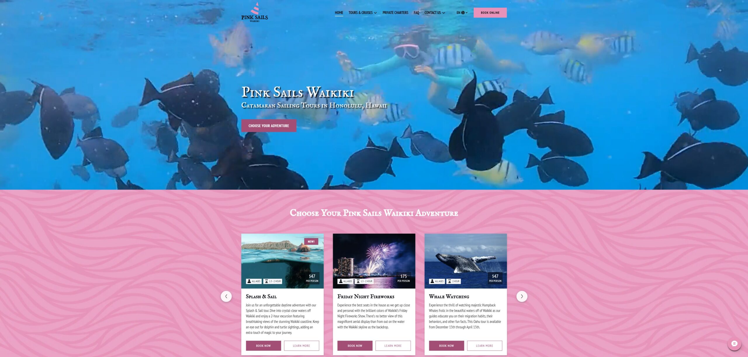 Pink Sails Waikiki website designed by Team Vision Marketing, featuring an underwater scene and bookable tour cards