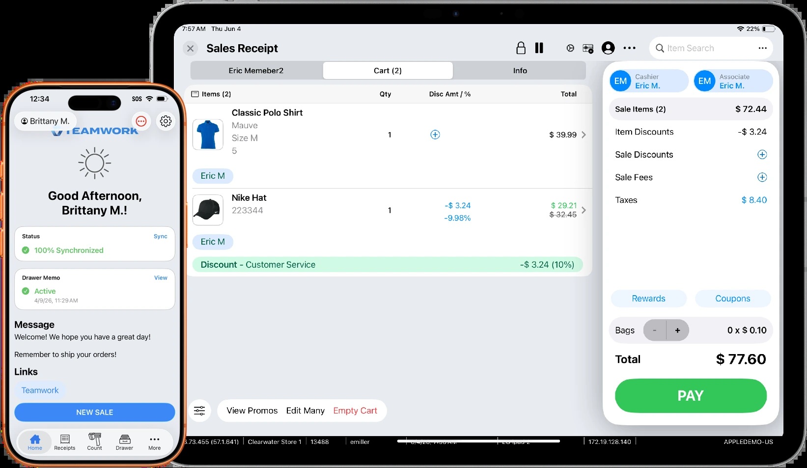 Teamwork Commerce point-of-sale interface on an iPhone and iPad
