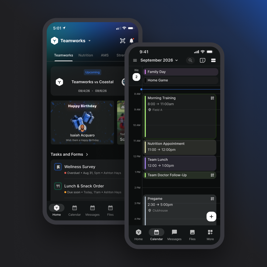 Teamworks Hub mobile interface showing schedules and team communication