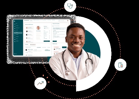Tebra promotional illustration pairing a healthcare provider with its practice software