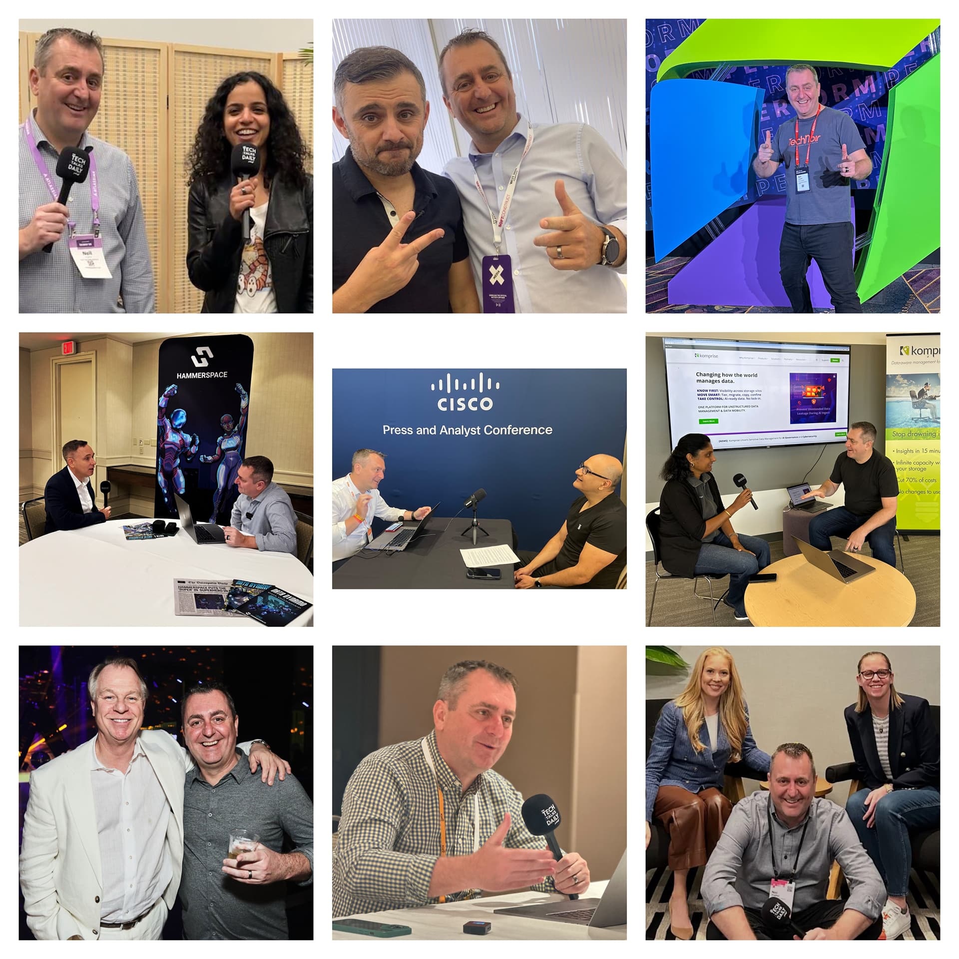 Collage of Hughes interviewing technology leaders at conferences and meeting guests